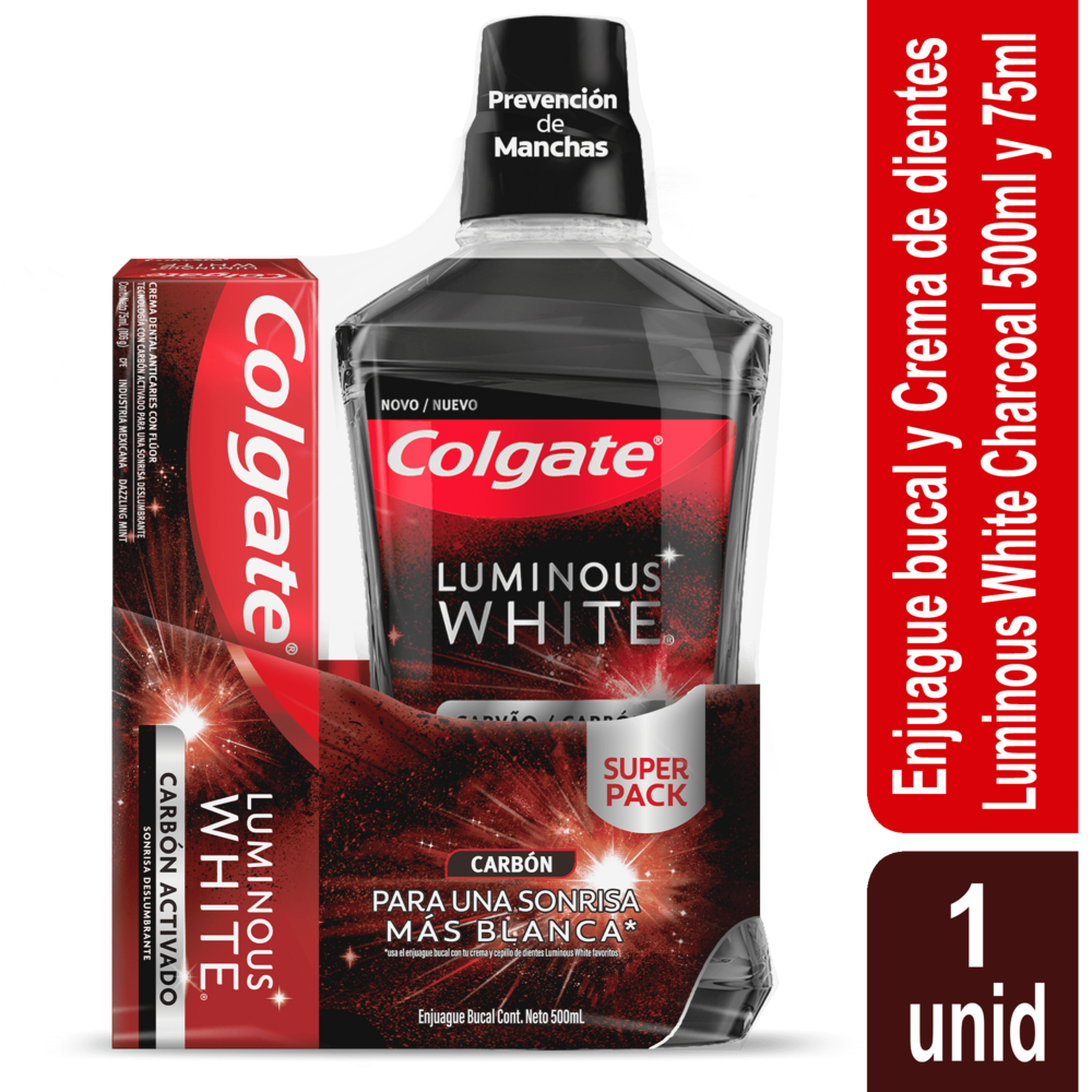 Enjuague Bucal y Crema Dental Colgate Blanqueadora Luminous Carbon 75ml