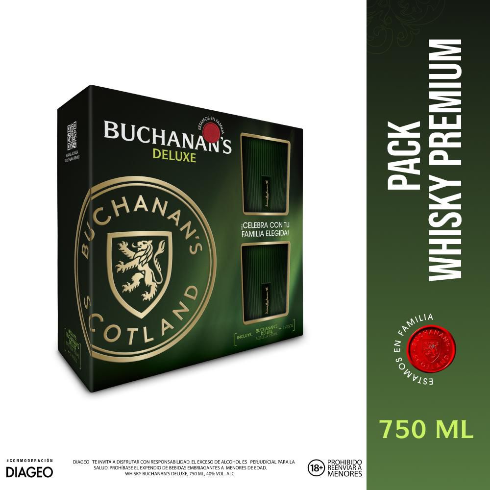 WHISKY BUCHANANS 750ML 12 AÑOS + 2 VASOS