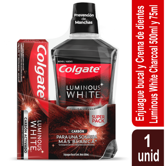 Enjuague Bucal y Crema Dental Colgate Blanqueadora Luminous Carbon 75ml